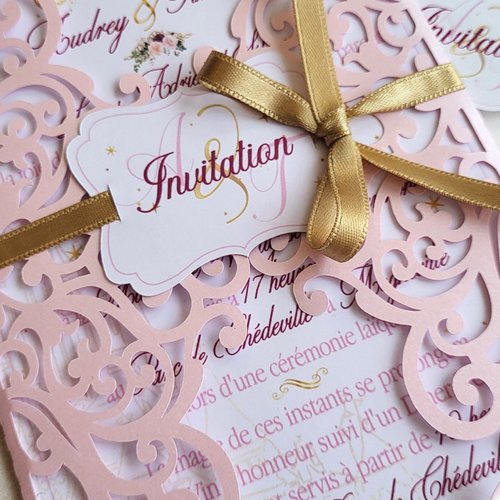 Faire-part / invitation conte de fée - rose et or - baptême / anniversaire / mariage