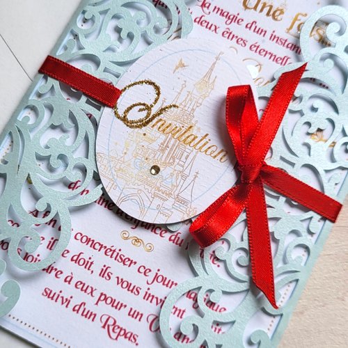Faire-part / invitation - collection féerique - bleu ciel & rouge - mariage / naissance / baptême