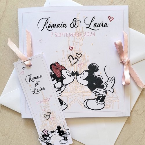 Faire-part / invitation mickey & minnie - mariage disney - rose & or - paillette