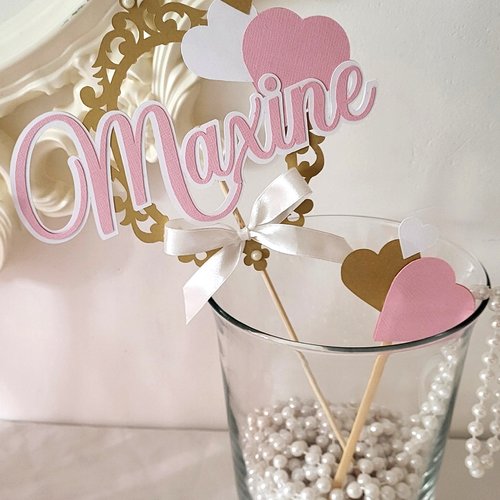 Cake topper personnalisé girly - rose & blanc - anniversaire / baptême / mariage / communion