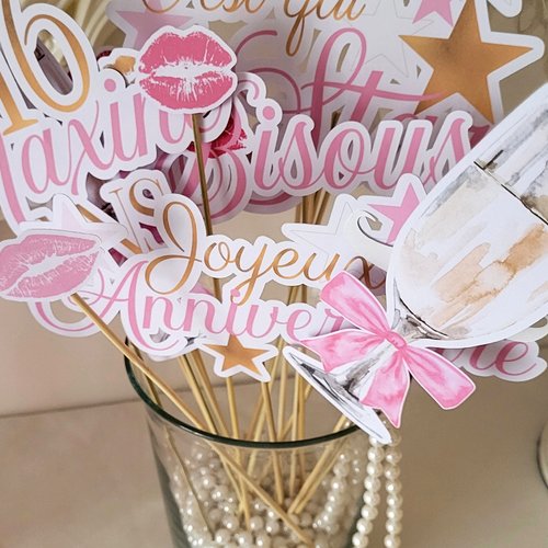Lot de 15 accessoires photobooth + affiche a4  - girly - rose, blanc et or