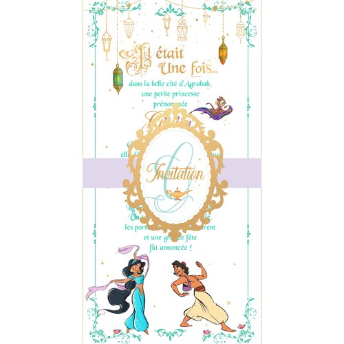 Faire-part / invitation féerique - aladdin & jasmine - disney / princesse / anniversaire / baptême