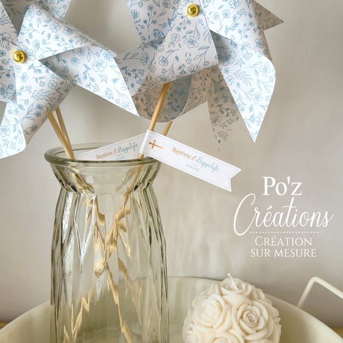 Moulin à vent - collection lou - bleu ciel & or - baptême / communion / mariage