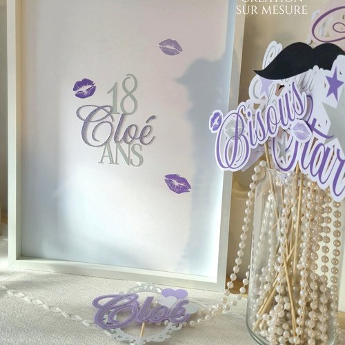 Affiche à petits mots ou à bisous - girly - parme & argent - anniversaire / mariage / evjf