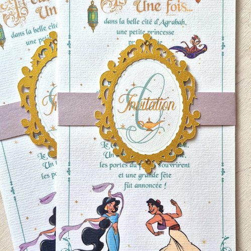 Faire-part / invitation féerique - aladdin & jasmine - disney / princesse / anniversaire / baptême
