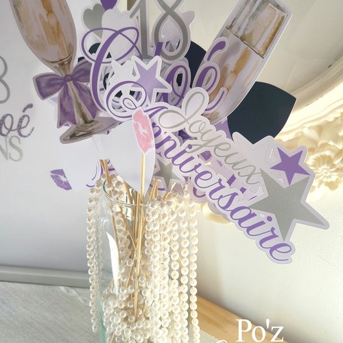 Lot de 15 accessoires photobooth + affiche a4  - girly - violet parme, blanc et argent