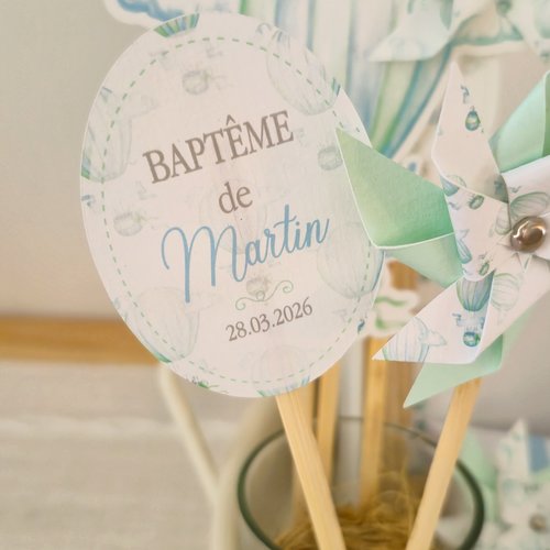 Lot de 10 cake topper ou pics personnalisés montgolfière - baby shower / baptême / anniversaire / mariage