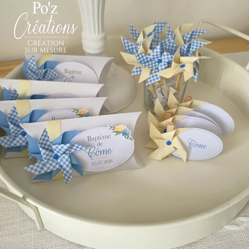 Marque-place moulin à vent - collection vichy - mariage / baptême / communion / baby shower / anniversaire