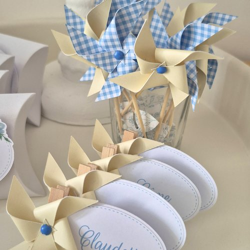 Lot de 10 cake toppers moulin à vent collection vichy - baptême / communion / anniversaire