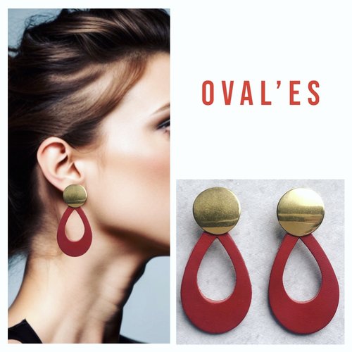 Boucles d'oreilles cuir oval'es rouge