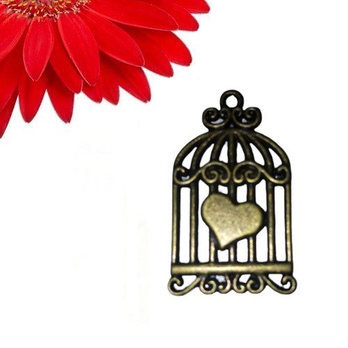 1 breloque pendentif cage à oiseau couleur bronze