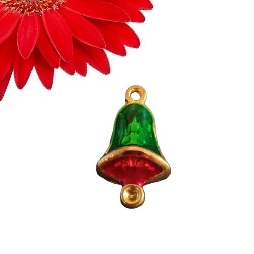 2 breloques pendentifs cloche de noël couleur vert, rouge et doré  - déstockage