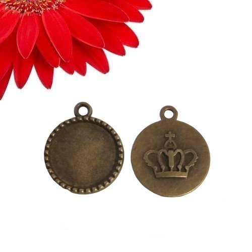10 pendentifs supports cabochons ronds motif couronne couleur bronze - déstockage
