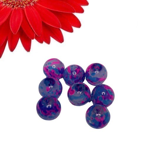 50 perles en verre motif marbré couleur bleu et rose - déstockage