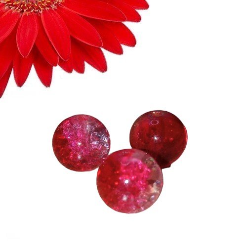 50 perles rondes en verre craquelées couleur rouge - déstockage