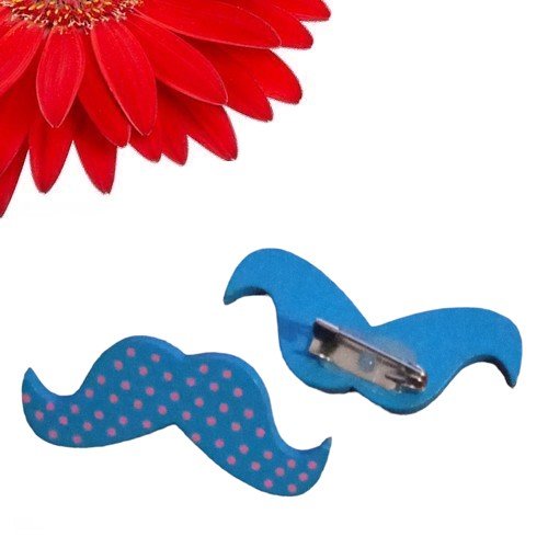 3 broches moustache en bois couleur bleu à pois rose - déstockage