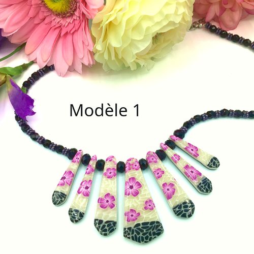 Collier floral violette fait main en pâte polymère, fabriqué en france, 2 modèles au chox