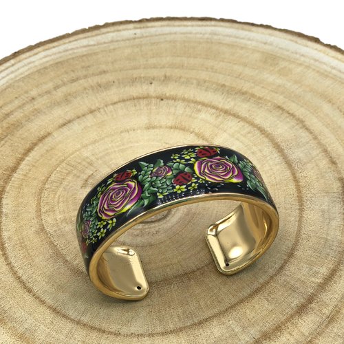 Bracelet manchette jardin printanier avec le motif rose fait main en pâte polymère, fabriqué en france