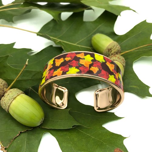 Bracelet manchette jardin automnal avec les motifs feuillage fait main en pâte polymère, fabriqué en france, 2 modèles au choix