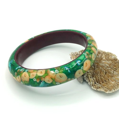 Bracelet heirloom roses fait main en pâte polymère avec le motif roses anciennes, fabriqué en france, 2 couleurs au choix