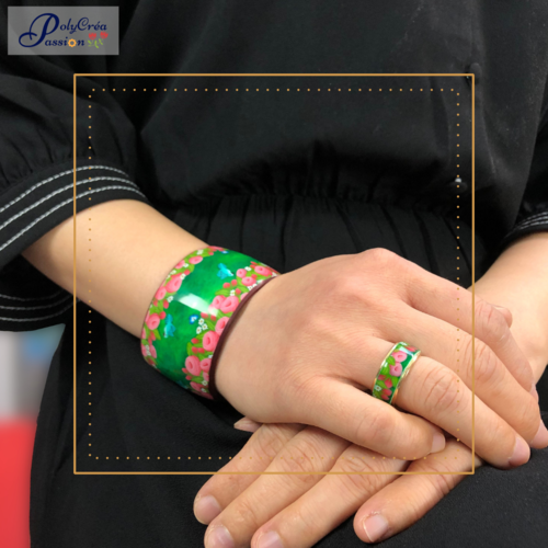 Bracelet manchette heirloom roses fait main en pâte polymère avec le motif roses anciennes, fabriqué en france, 5 couleurs au choix