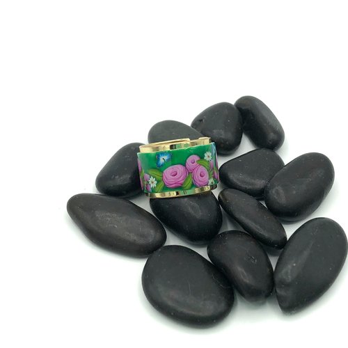 Bague heirloom roses fait main en pâte polymère avec le motif roses anciennes, réglable, fabriqué en france, 3 couleurs au choix