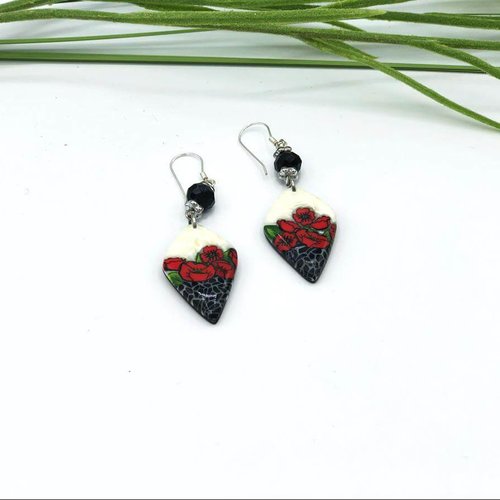 Boucles d'oreilles coquelicot fait main, en pâte polymère, cadeau pour femme, maman, fille