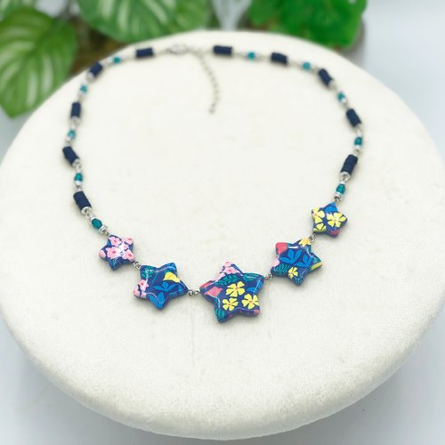 Collier étoile botanic avec le motif floral, fabriqué en france, 2 couleurs au choix