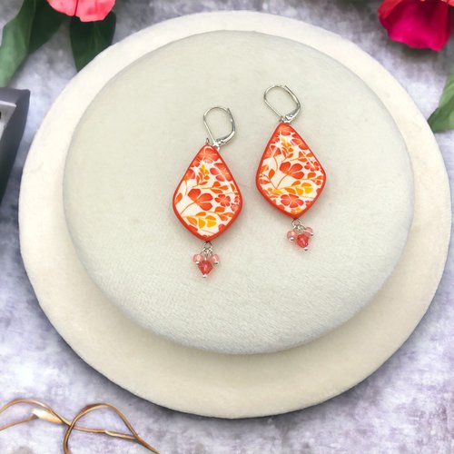 Boucles d'oreilles floral aurora en forme losange, fabriquée en france, 3 couleurs au choix