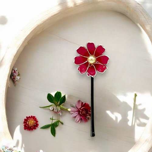 Pince à cheveux fleur cosmos fait main en résine, fabriquée en france, 6 couleurs au choix