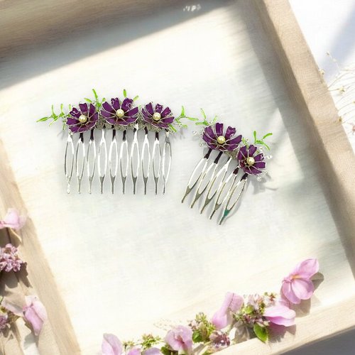 Peigne à cheveux fleur cosmos fait main en résine, fabriquée en france, couleur violet, 2 tailles au choix