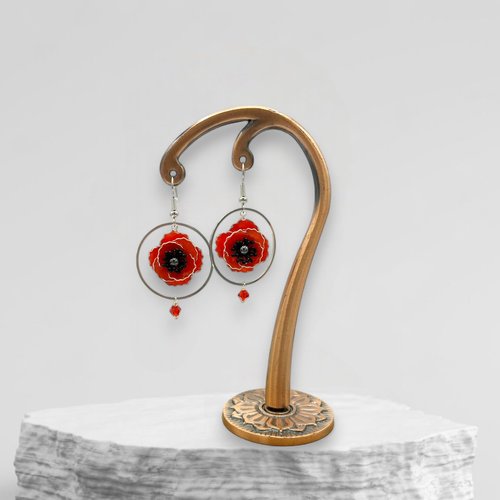 Boucles d'oreilles crochets pavot d'orient faites main en résine, fabriquées en france