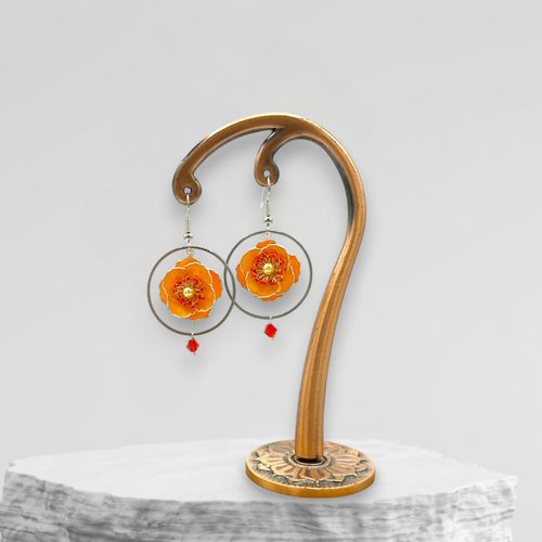 Boucles d'oreilles crochets pavot de californie faites main en résine, fabriquées en france