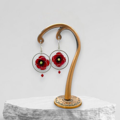 Boucles d'oreilles crochets coquelicot faites main en résine, fabriquées en france