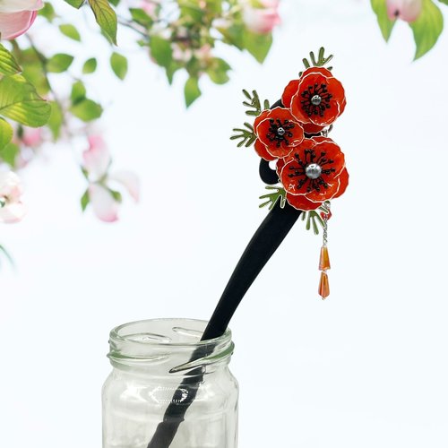 Pic à cheveux à fleur pavot d'orient fait main en résine, fabriqué en france, 2 modèles au choix