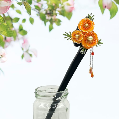 Pic à cheveux à fleur pavot de californie fait main en résine, fabriqué en france, 2 modèles au choix