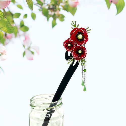 Pic à cheveux à fleur coquelicot fait main en résine, fabriqué en france, 2 modèles au choix