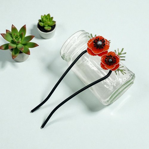 Pic à cheveux forme u à fleur pavot d'orient fait main en résine, fabriqué en france, 2 modèles au choix