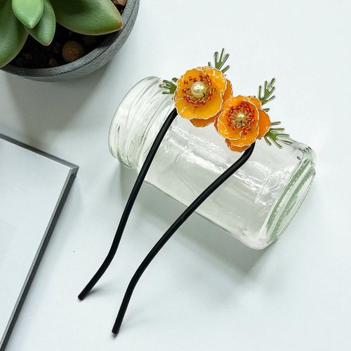 Pic à cheveux forme u à fleur pavot de californie fait main en résine, fabriqué en france, 2 modèles au choix