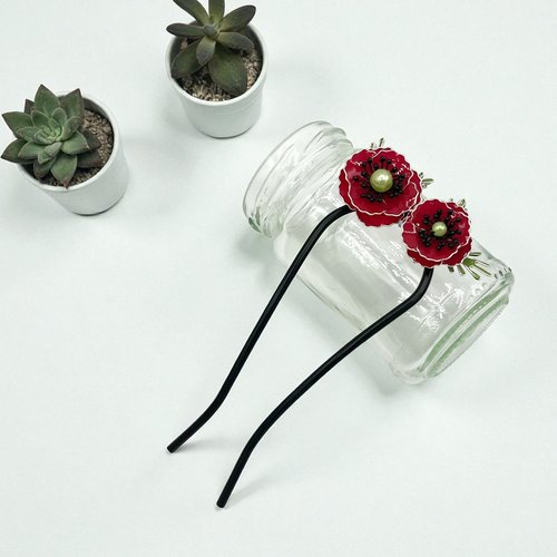 Pic à cheveux forme u à fleur coquelicot fait main en résine, fabriqué en france, 2 modèles au choix