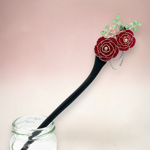 Pic à cheveux à fleur rose fait main en résine, accessoires de coiffure, fabriqué en france, 4 couleurs au choix
