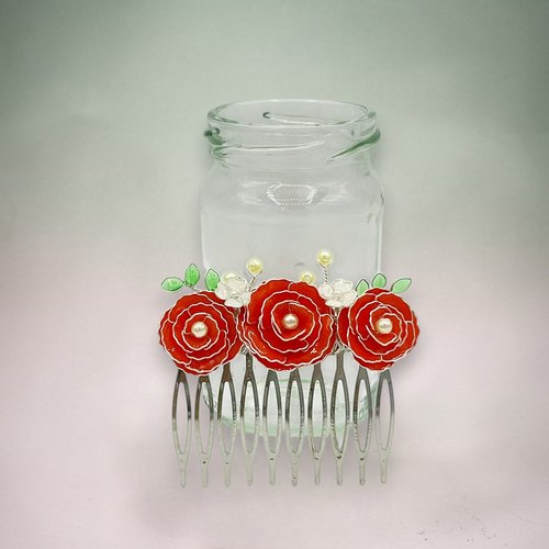 Peigne 10 dents à fleur rose fait main en résine, accessoire de coiffure, fabriquée en france, 4 couleurs au choix