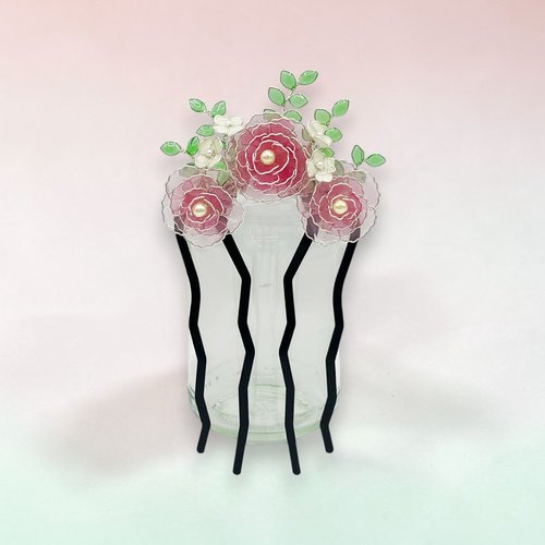 Peigne à fleur rose fait main en résine, accessoire de coiffure, fabriquée en france, 4 couleurs au choix
