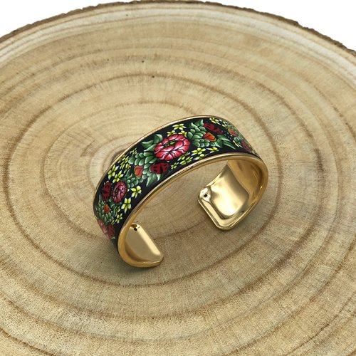 Bracelet manchette jardin printanier avec le motif pivoine fait main en pâte fimo, fabriqué en france, 2 couleurs au choix