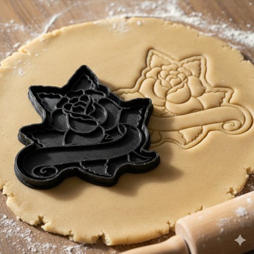 Emporte-piece rose tattoo avec banniere - moule biscuits 8 cm