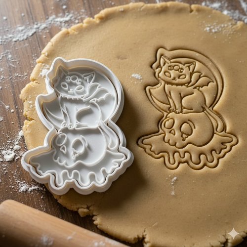 Emporte-piece chat sur crane halloween - decoupe-pate artisanal 8 cm