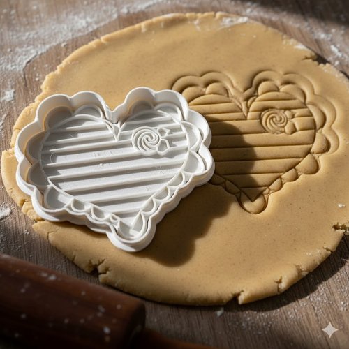 Emporte-pièce cœur rayé avec fleur 8 cm - moule biscuit artisanal