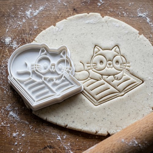 Emporte-pièce chat lecteur à lunettes moule biscuit 8cm