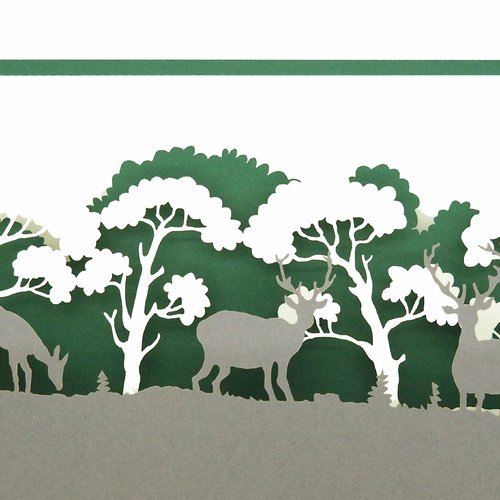 Carte de vœux 3d, pop up "cerfs et biches en forêt"