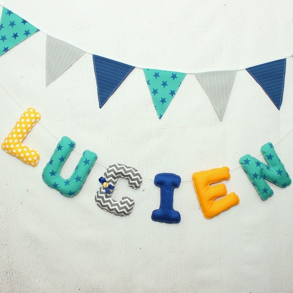Guirlande Prenom Bleu Marine Jaune Letters En Tissu Pour Chambre Bebe Cadeau Naissance Ou Bapteme Bebe Garcon Un Grand Marche